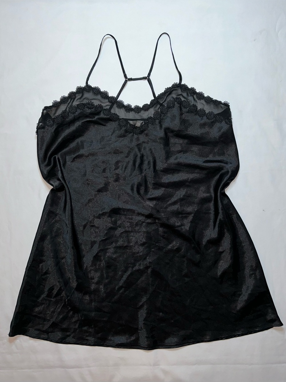 Flora Black Satin Lace Trim Slip Dress Nightgown XL